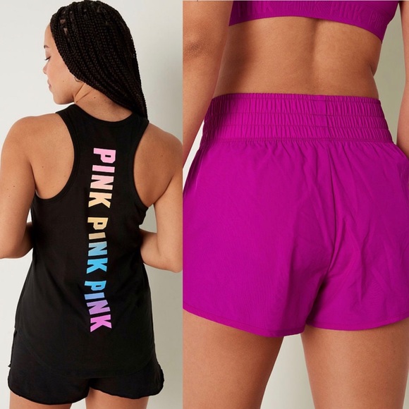 PINK Dahlia Magenta 2 Piece 3” Running Shorts & Rainbow Gradient Racerback Tank
